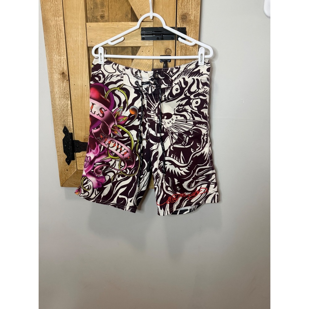 Ed Hardy Mens Y2K Board Shorts Love Kills Slowly Skull Tattoo Print White Black